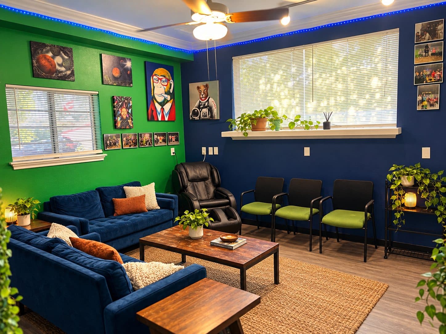 Lounge with blue velvet sofas, a massage chair, waiting chairs, plants, and framed art on green and navy walls