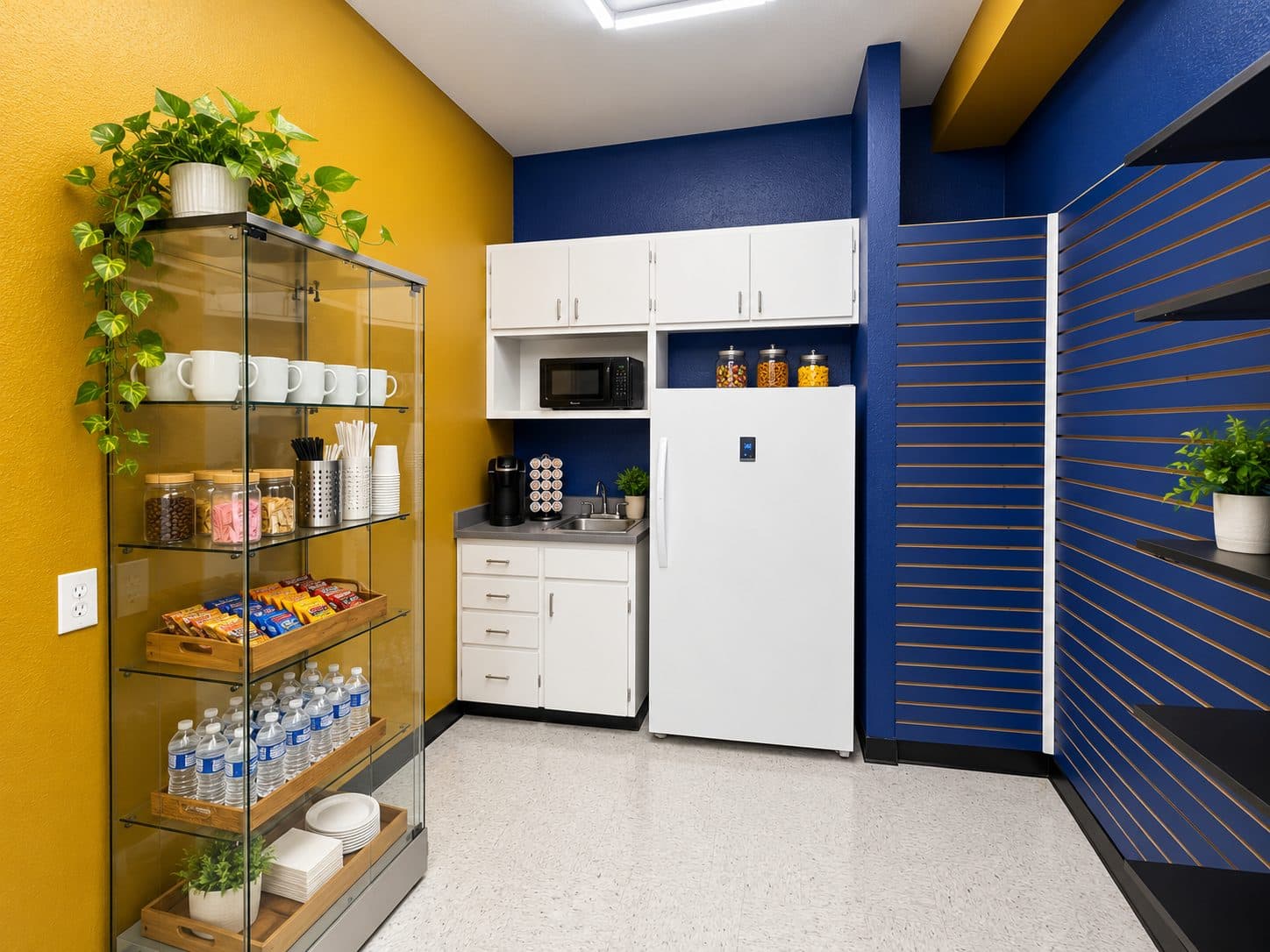 Kitchenette with a glass snack and drink case, fridge, microwave, coffee maker, and sink