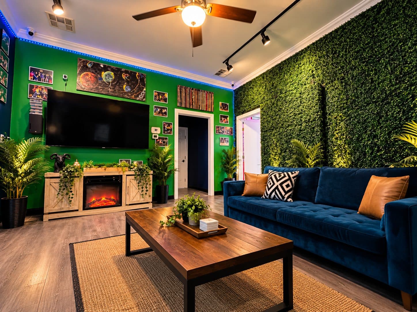 Lounge with a wall-mounted TV over an electric fireplace, a living plant wall, and a blue tufted sofa