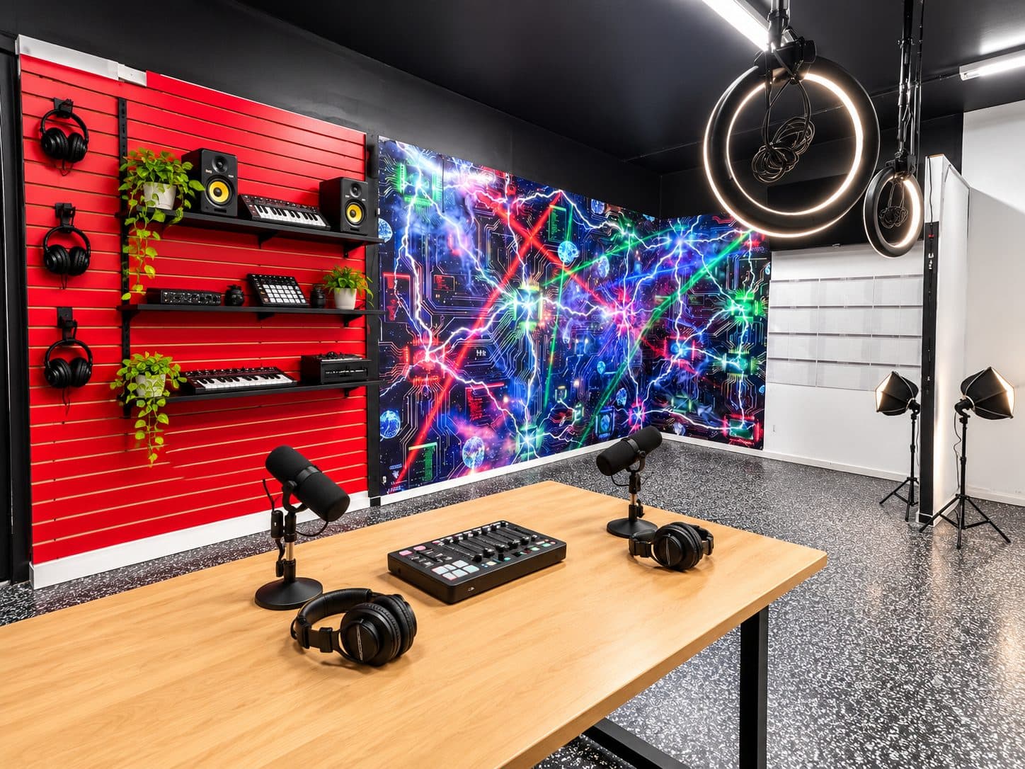 Podcast table with two mics, a mixer, and headphones in front of a red slatwall with studio monitors and keyboards
