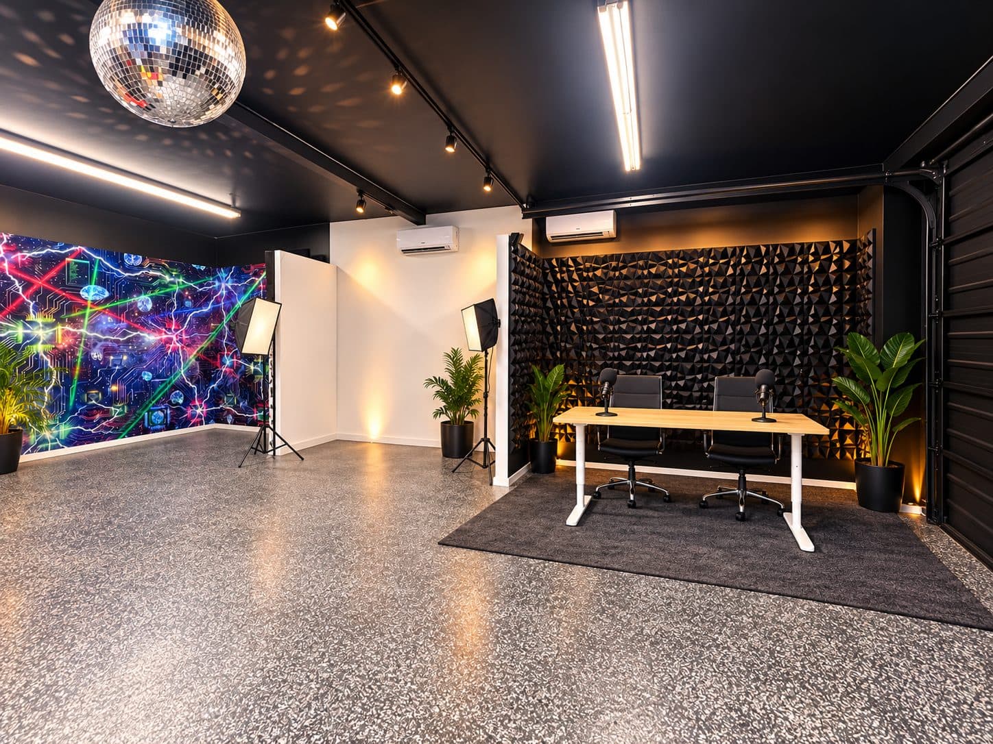 Studio sets under a disco ball and track lights, with softboxes and a two-person interview desk